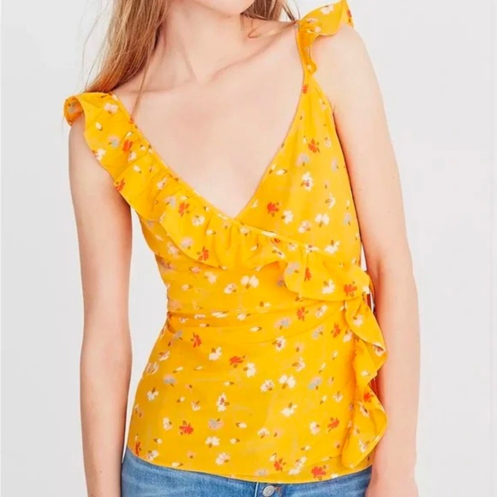 NWOT Madewell Painted Carnations Silk Wrap Top Yellow Floral Print, size 2